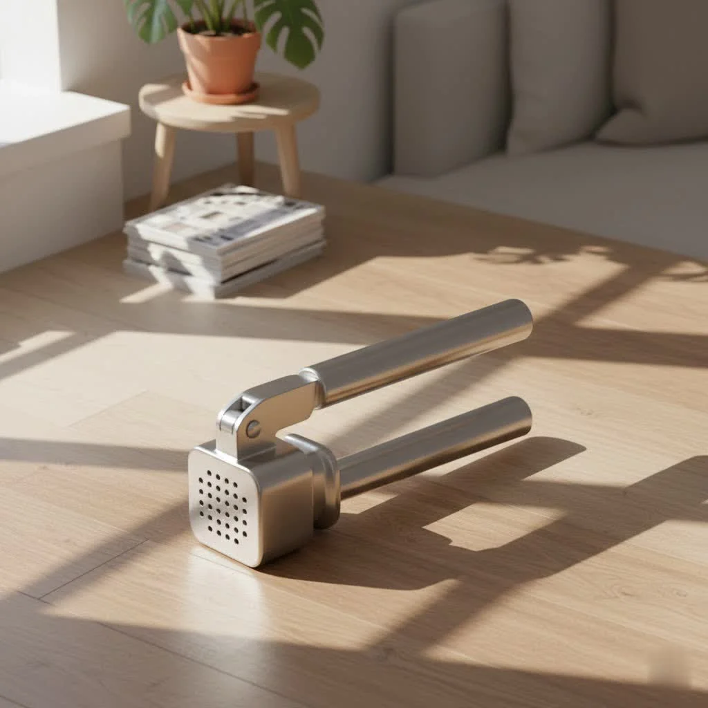 Modern stainless steel garlic press on a wooden board