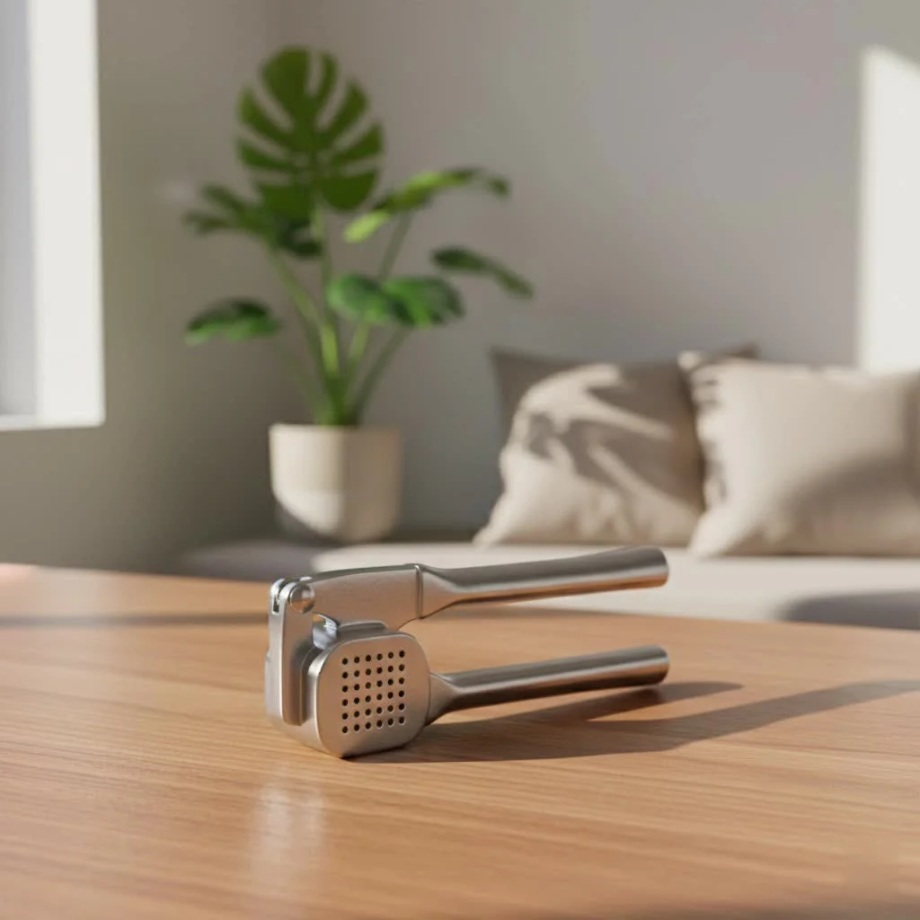 Stainless steel plier-style garlic press with ergonomic handles