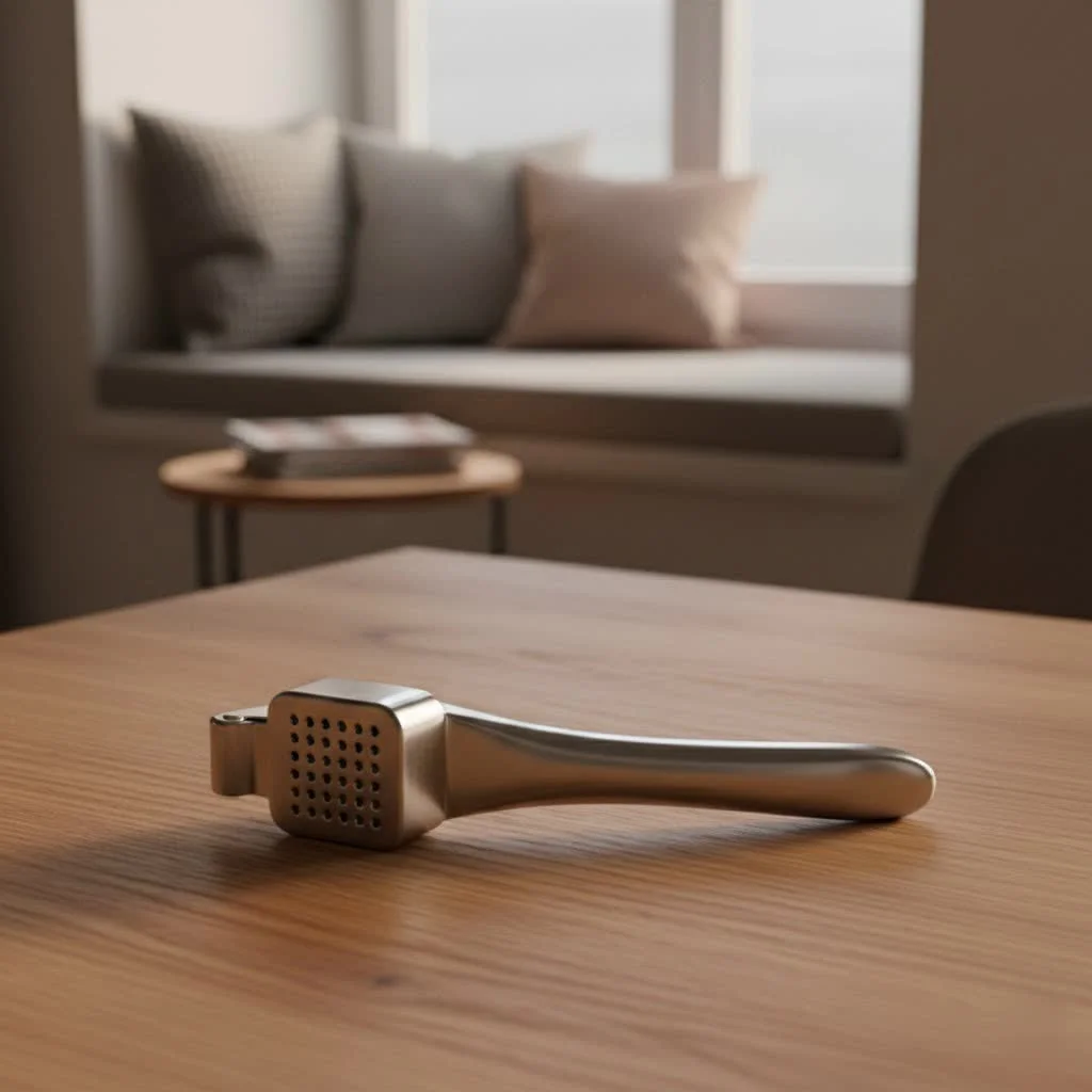 Close-up of a metal garlic press with garlic cloves