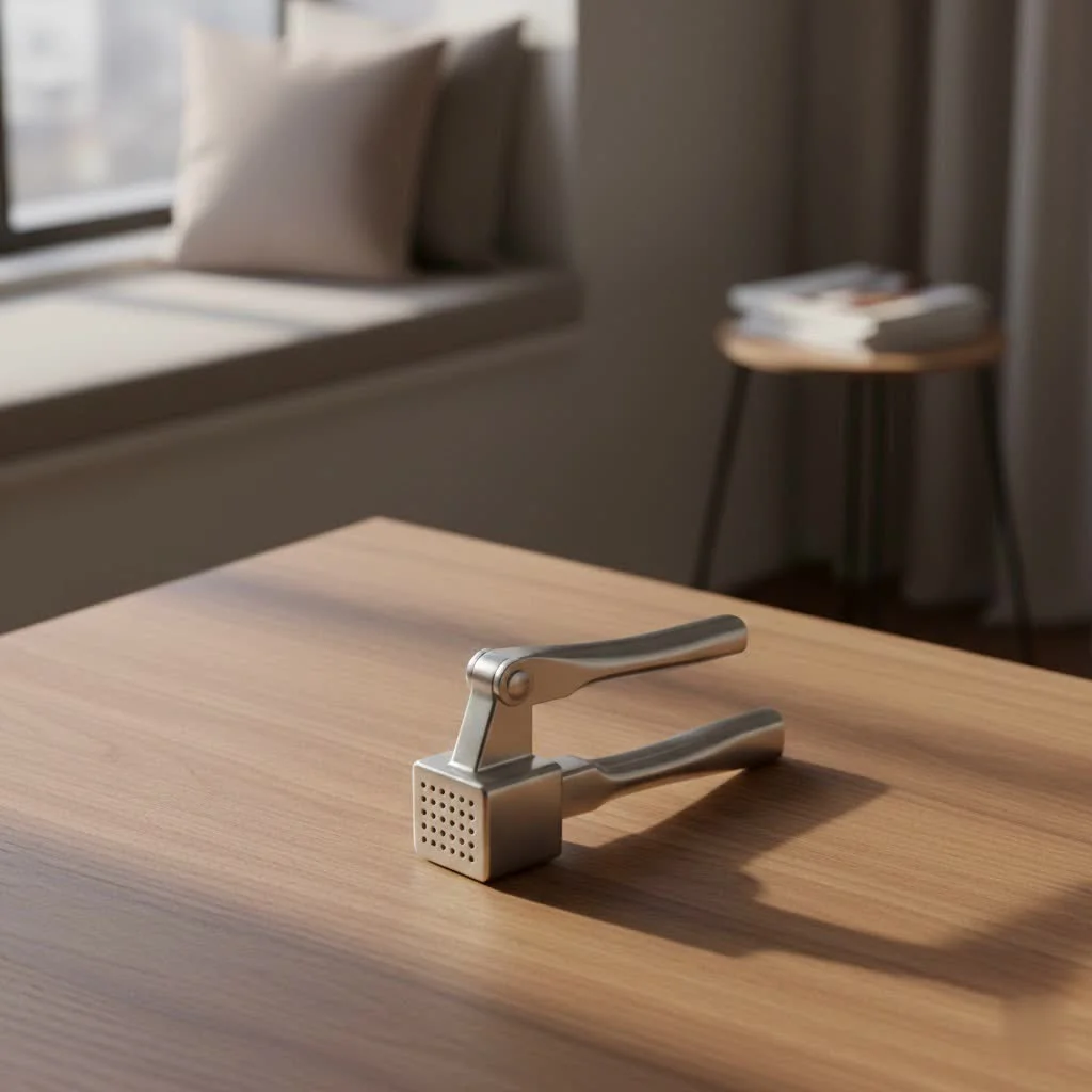 Stainless steel roller garlic press on a cutting board